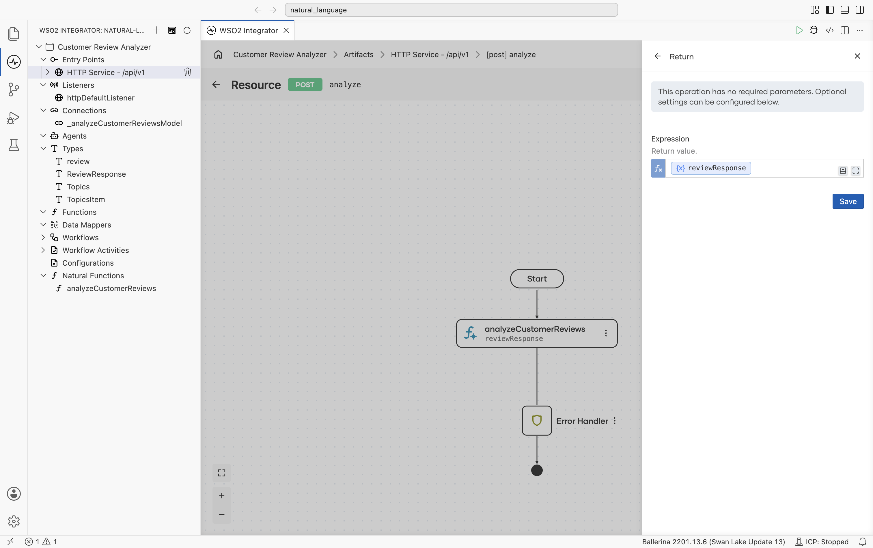 Return node configuration panel saying "This operation has no required parameters. Optional settings can be configured below." with the Expression set to the variable reviewResponse.