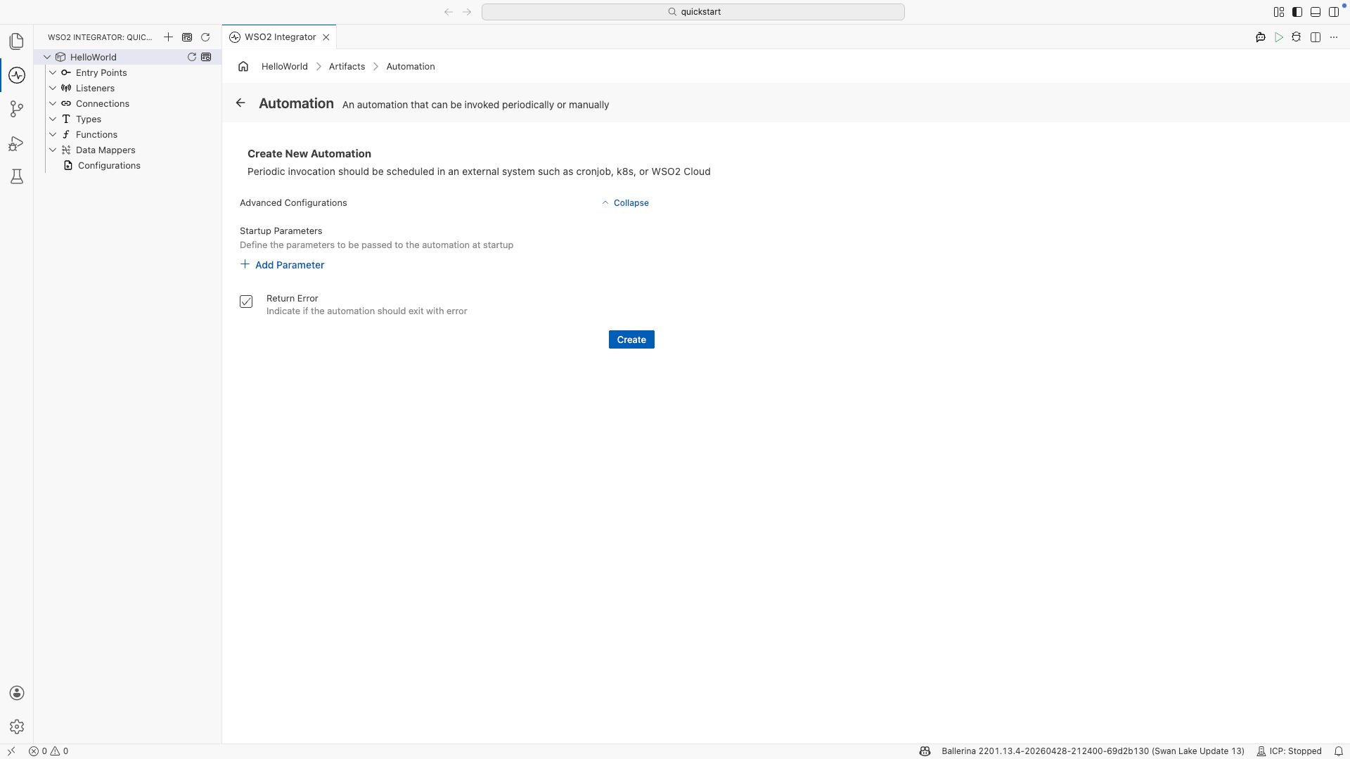 Create New Automation form opened after selecting Automation under Automation
