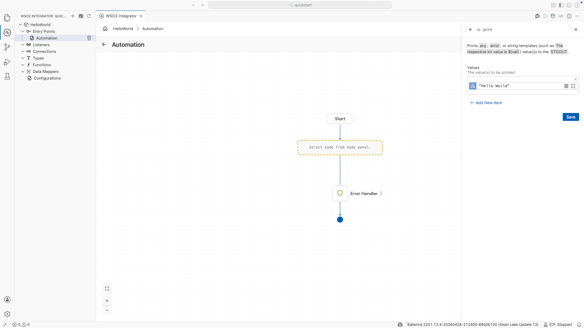 io:print configuration panel with the Values parameter set to Hello World, ready to be saved