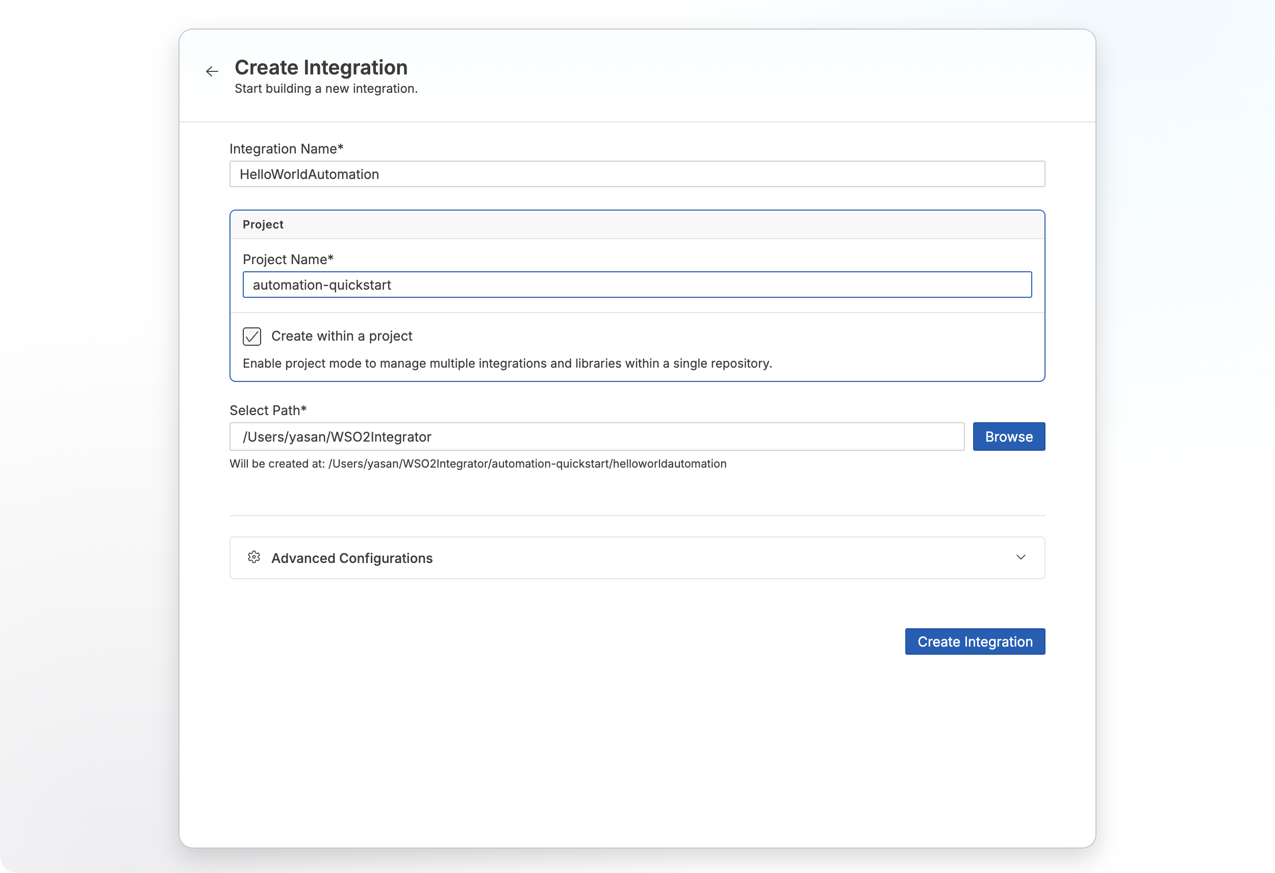 Create new integration form with Integration Name set to HelloWorldAutomation and Project Name set to automation-quickstart