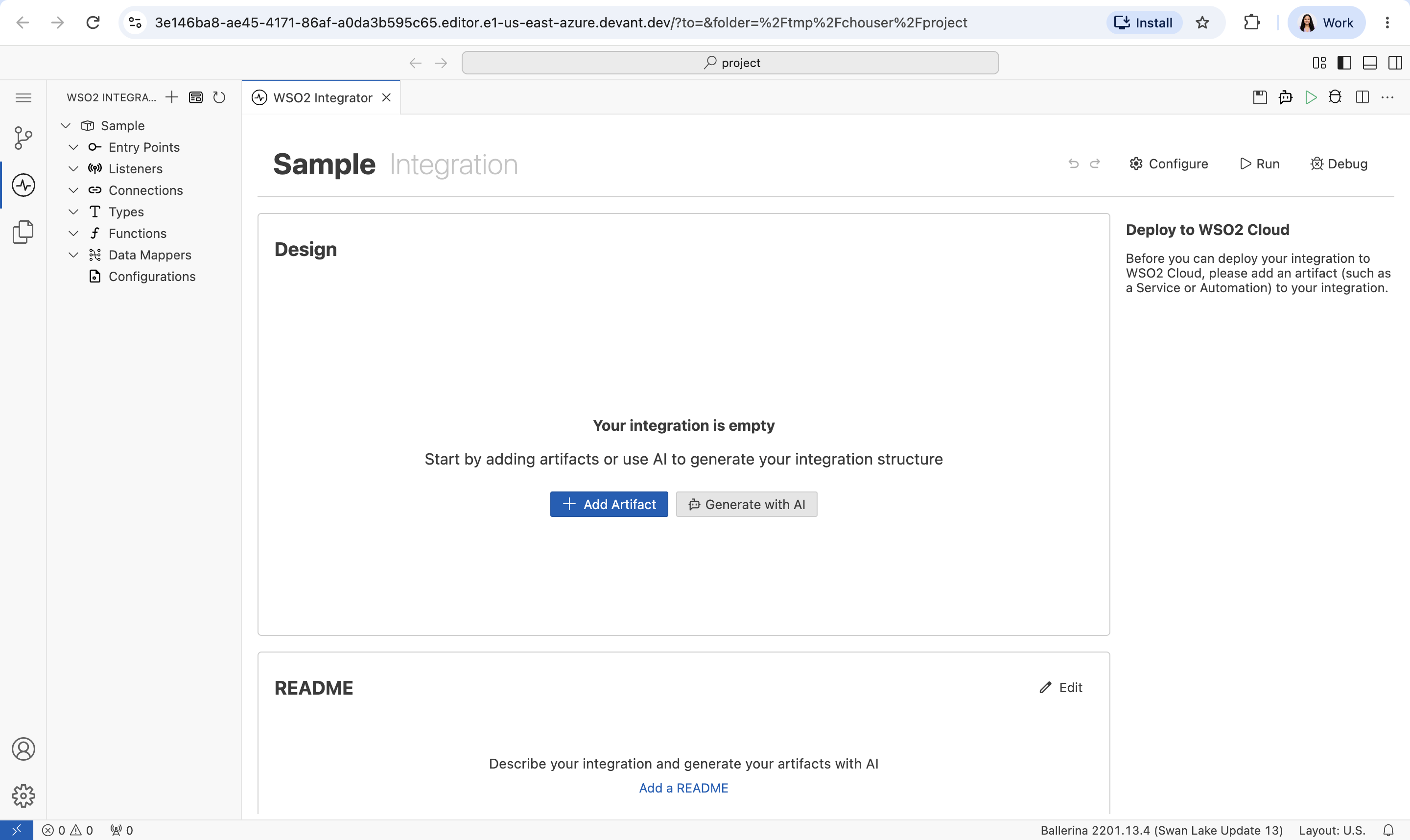 WSO2 Integrator cloud editor landing page showing an empty integration and the Deploy to WSO2 Cloud panel