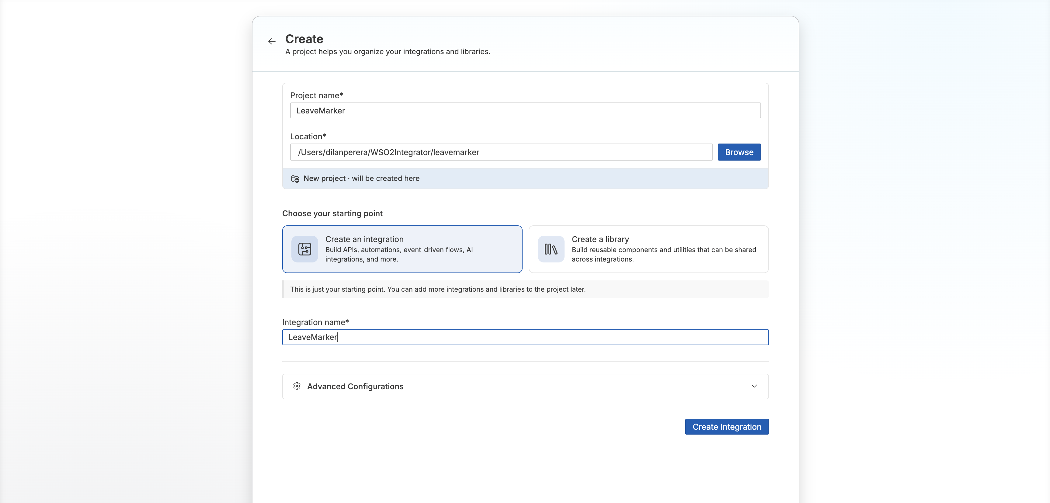 Create dialog with the project name and integration name both set to LeaveMarker, and Create an integration selected as the starting point