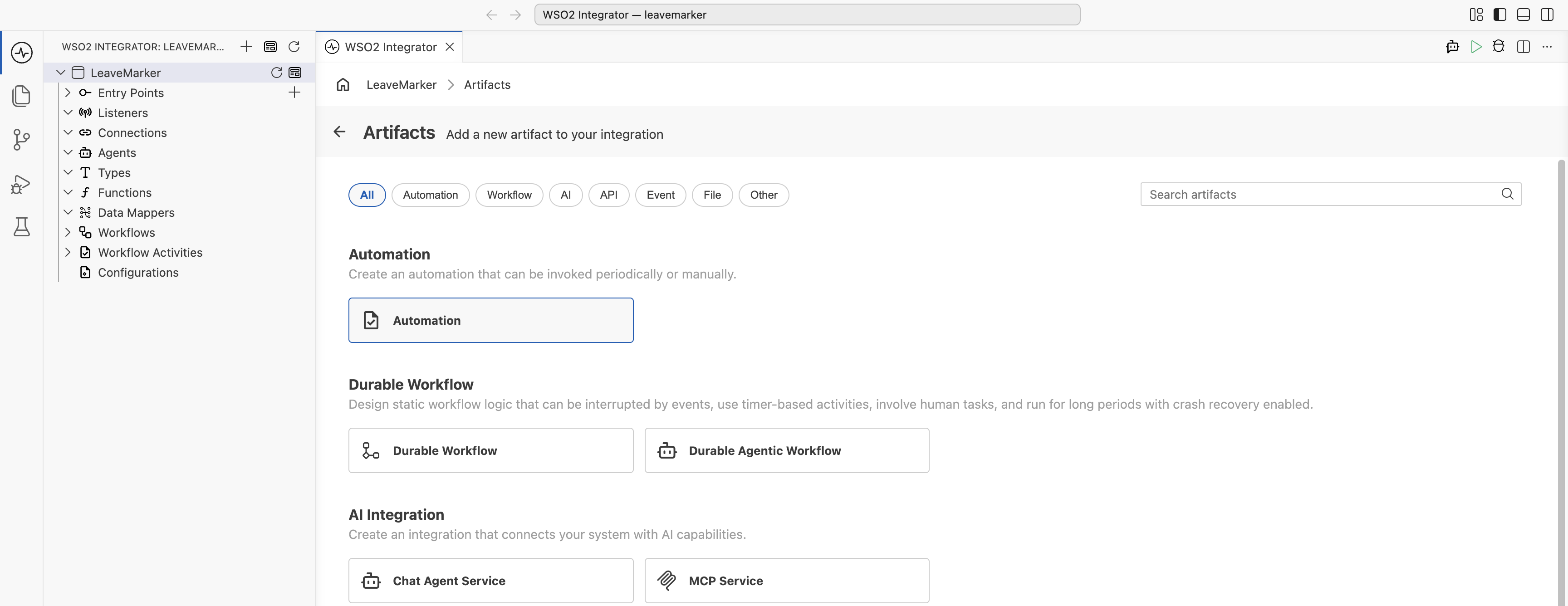 Artifacts page with the Automation card selected under the Automation section