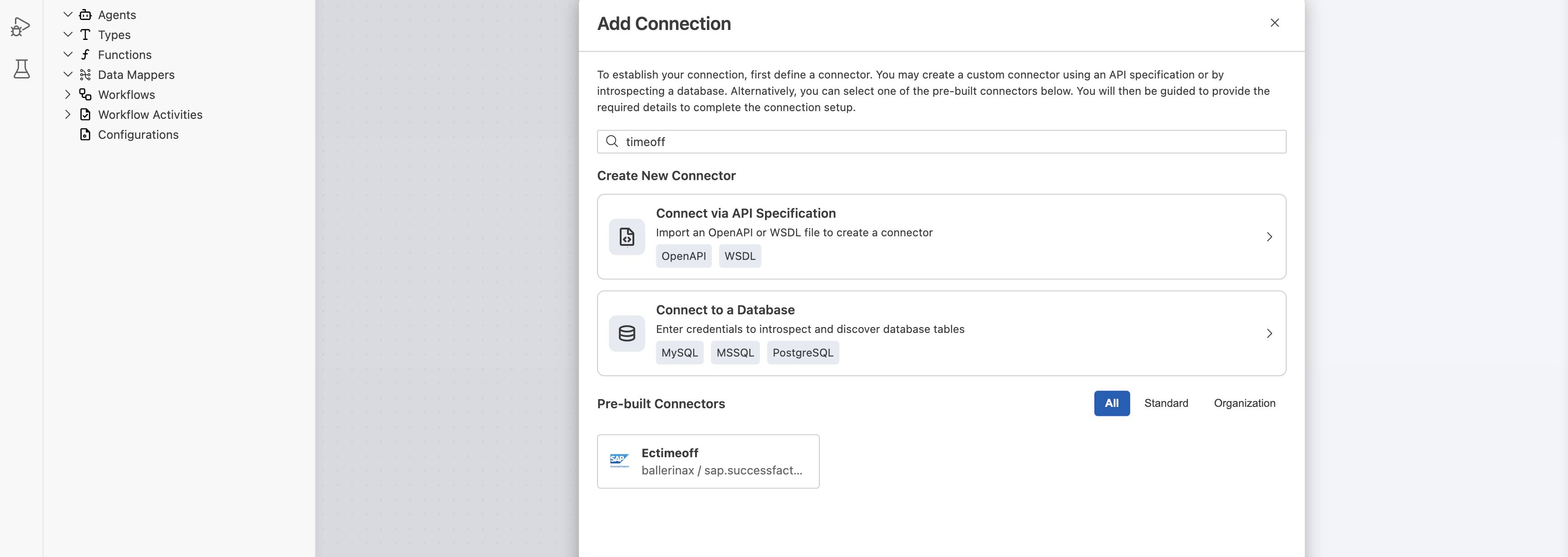 Add Connection dialog searching for timeoff, with the Ectimeoff connector card shown under Pre-built Connectors