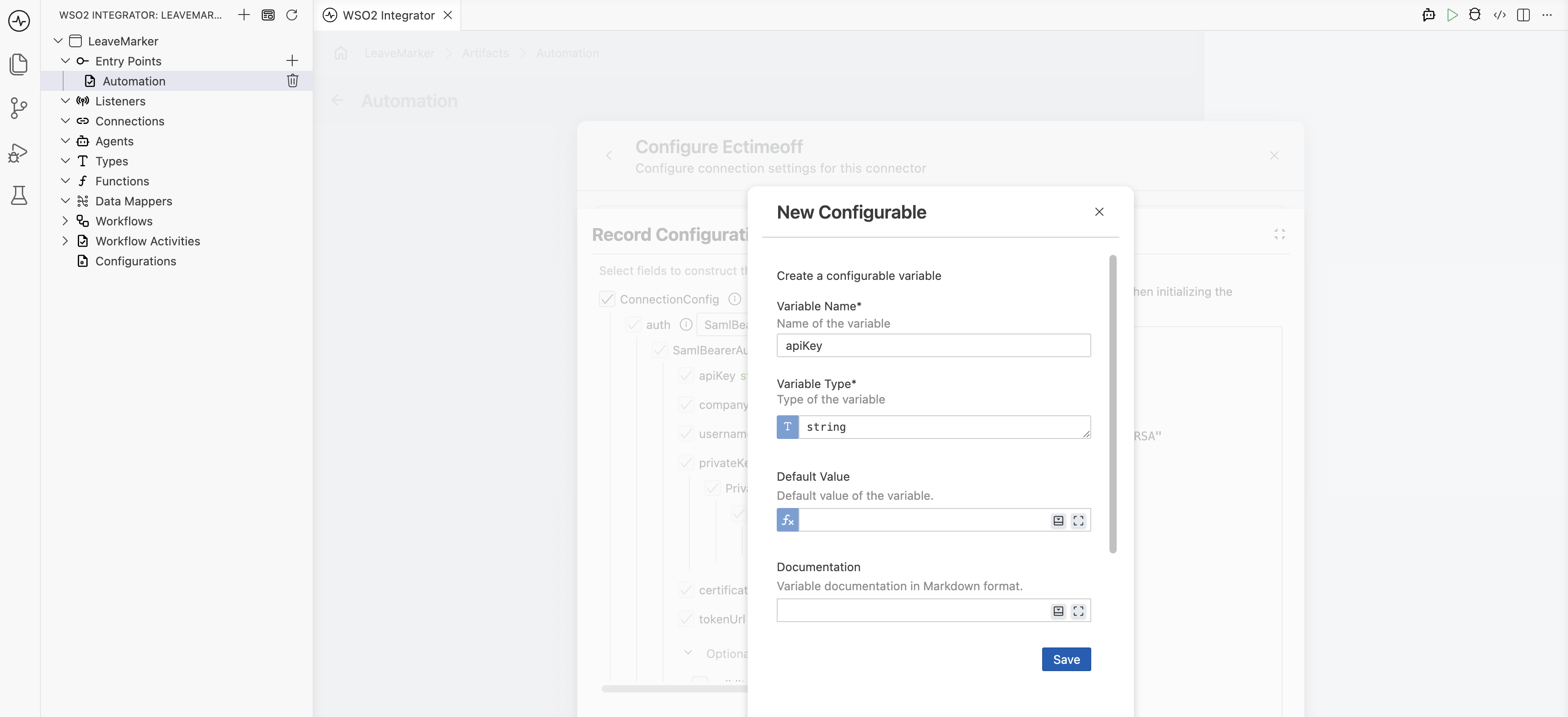 New Configurable dialog creating a string variable named apiKey