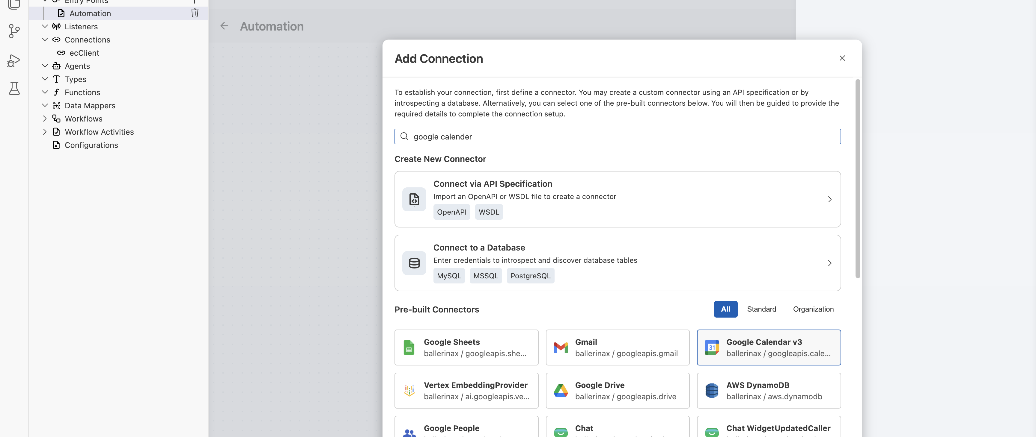 Add Connection dialog searching for google calendar, with the Google Calendar connector card shown under Pre-built Connectors