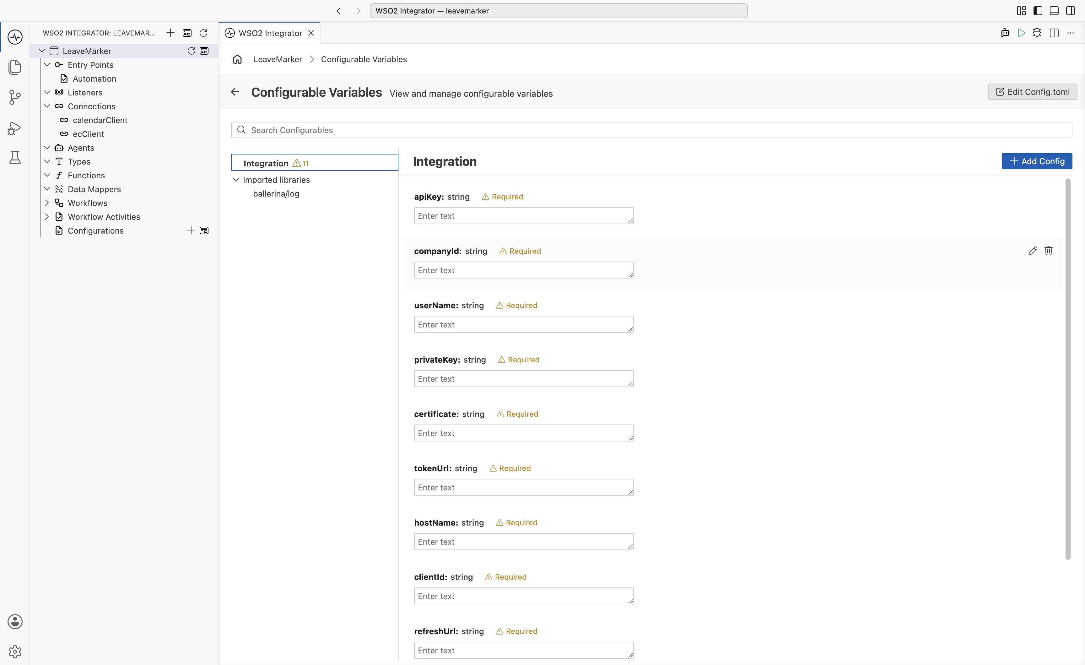 Configurable Variables page listing apiKey, companyId, userName, privateKey, certificate, tokenUrl, hostName, clientId, refreshUrl, refreshToken, and clientSecret, all required