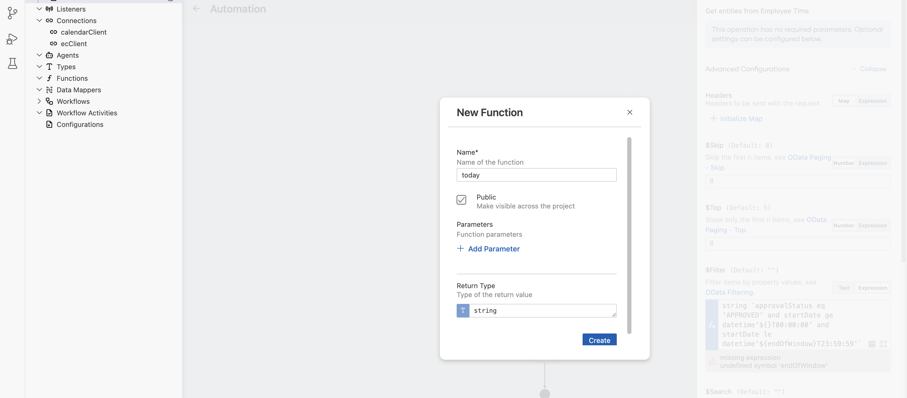 New Function dialog creating a public function named today with a string return type