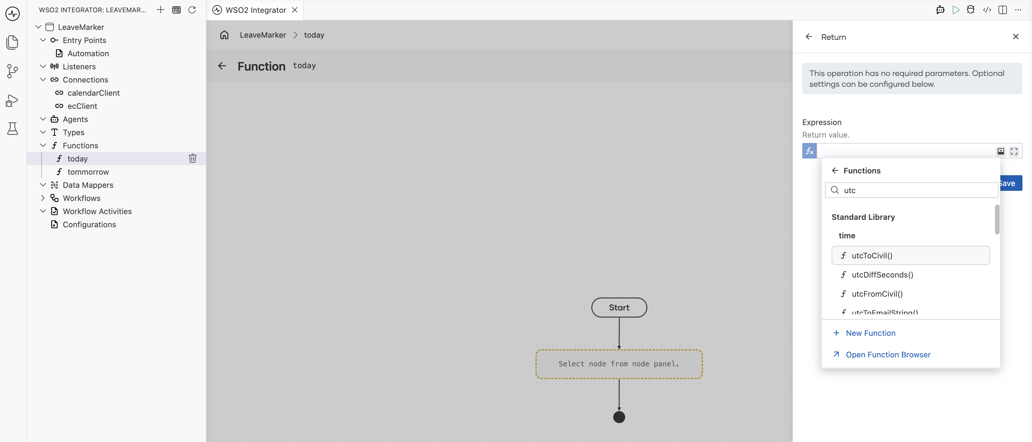 Return node's expression editor with the Functions helper panel open, searching utc and listing utcToCivil, utcDiffSeconds, utcFromCivil