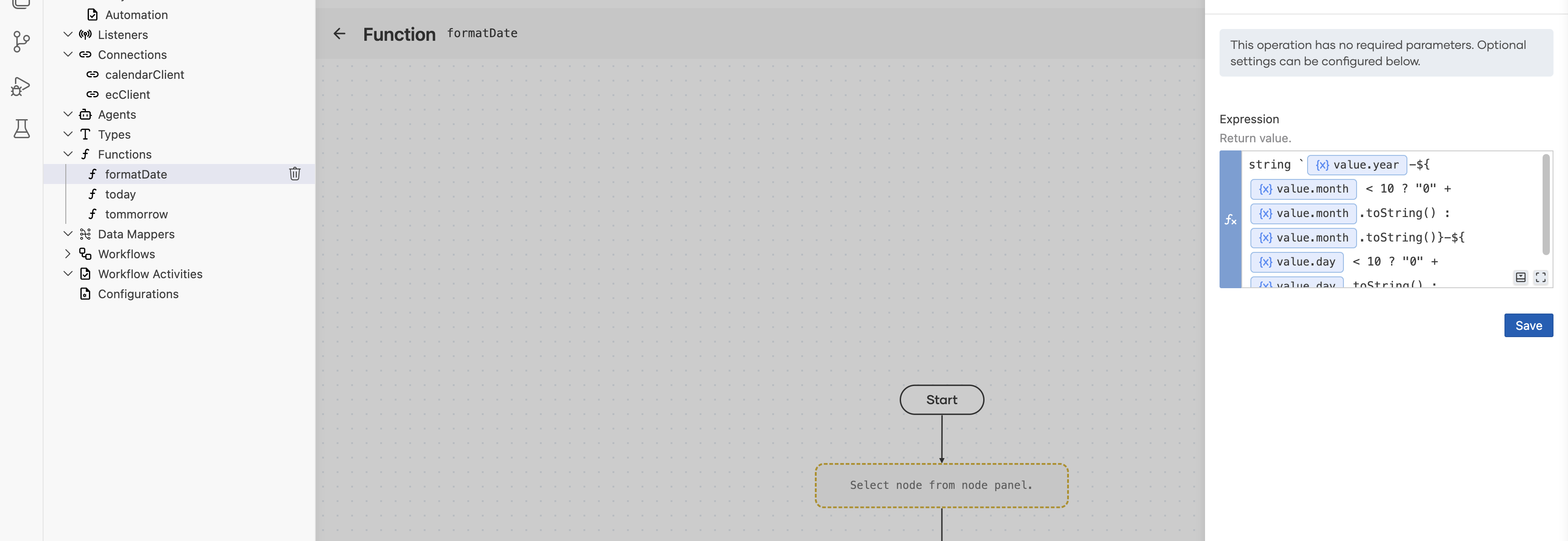 Function formatDate with a Return expression that pads the month and day of a time:Civil value to two digits