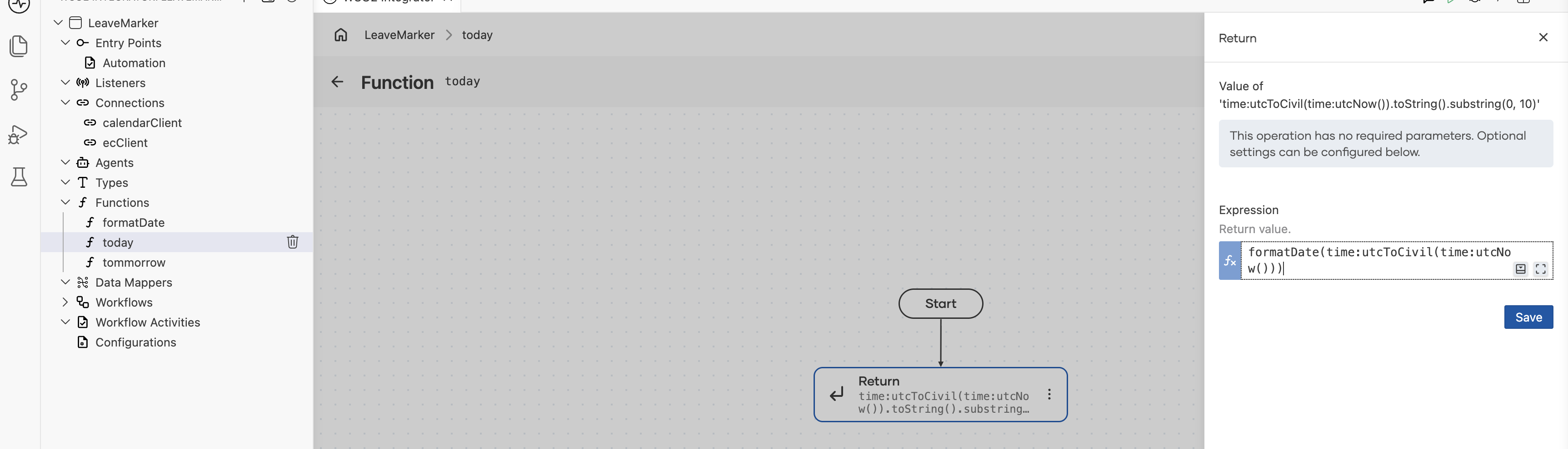 Function today with its Return expression set to formatDate(time:utcToCivil(time:utcNow()))