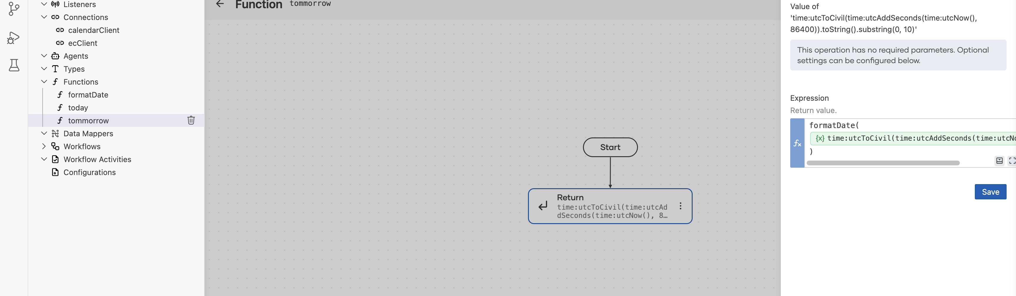 Function tommorrow with a Return expression that adds 86400 seconds before formatting