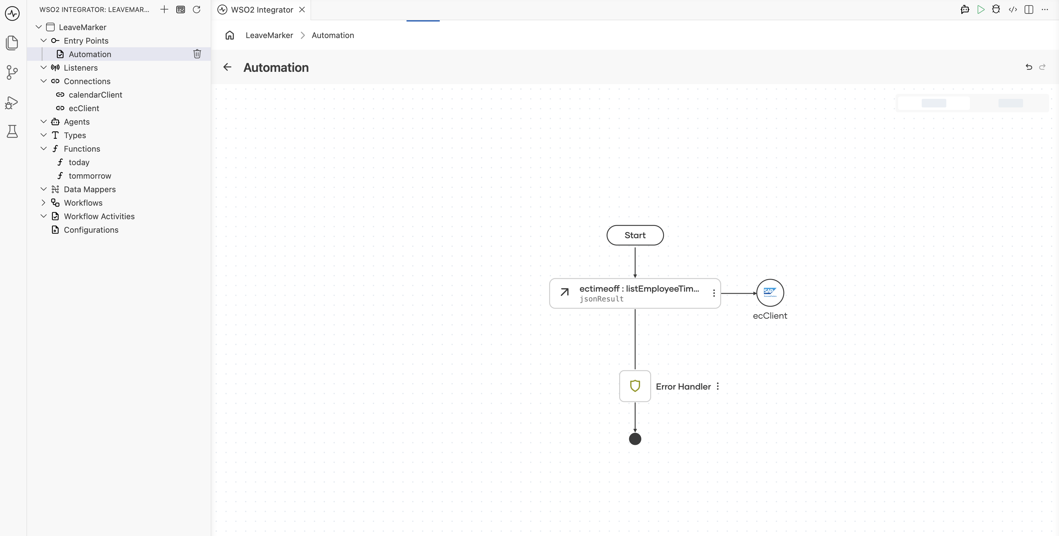 Flow with Start, the ectimeoff listEmployeeTimes operation storing jsonResult, and an Error Handler