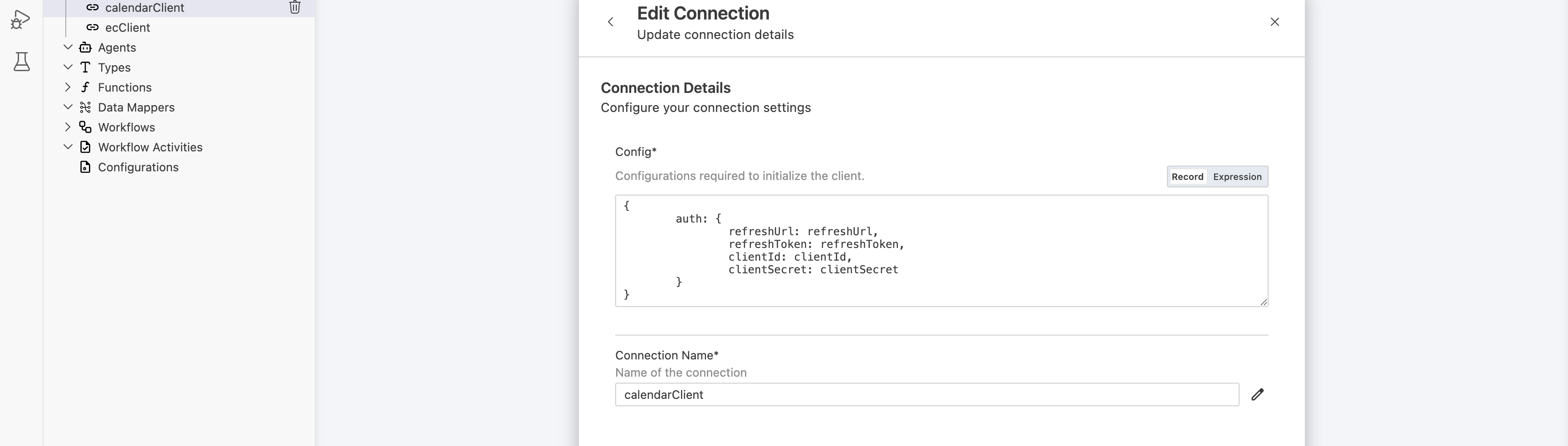 Edit Connection dialog for calendarClient with auth.refreshUrl, refreshToken, clientId, and clientSecret each bound to a configurable