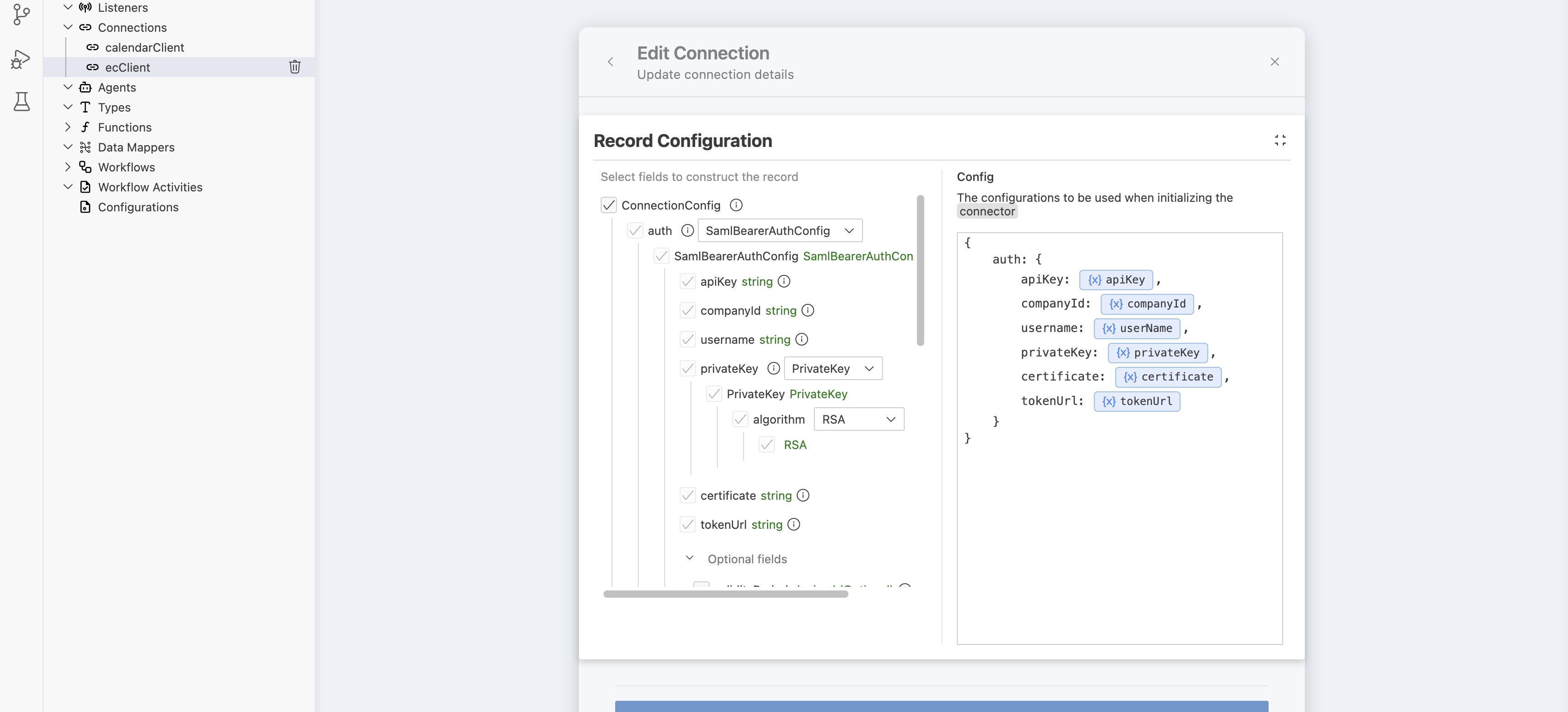 Edit Connection record builder for ecClient with apiKey, companyId, username, privateKey, certificate, and tokenUrl all bound to configurables