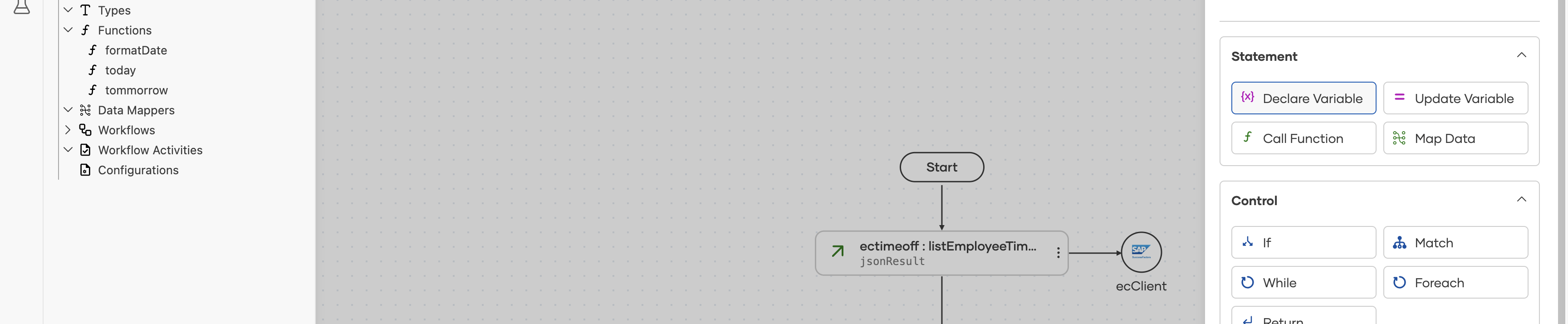 Node panel open directly after the listEmployeeTimes node, offering Declare Variable, Update Variable, Call Function, Map Data, and control nodes