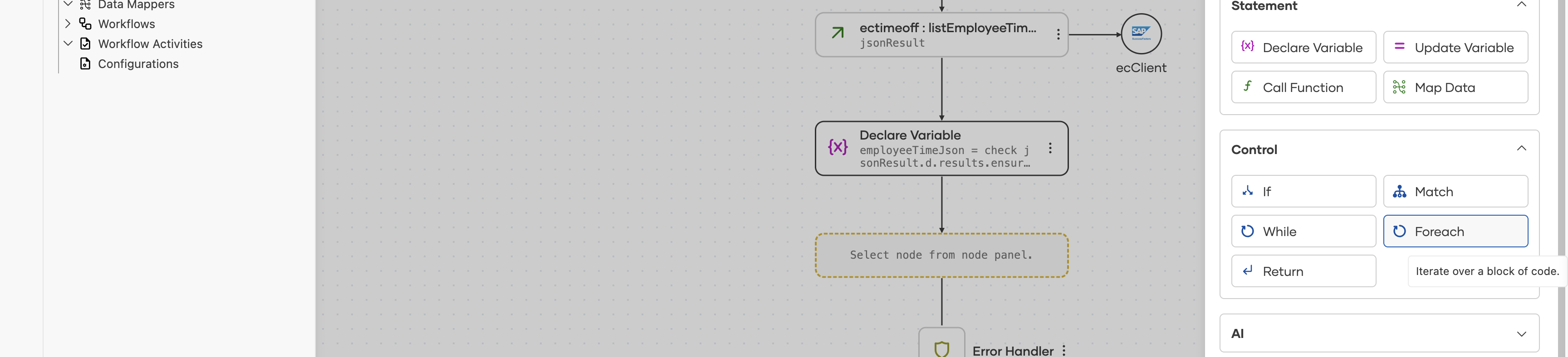 Node panel with Foreach highlighted, positioned after the Declare Variable node that creates leaves