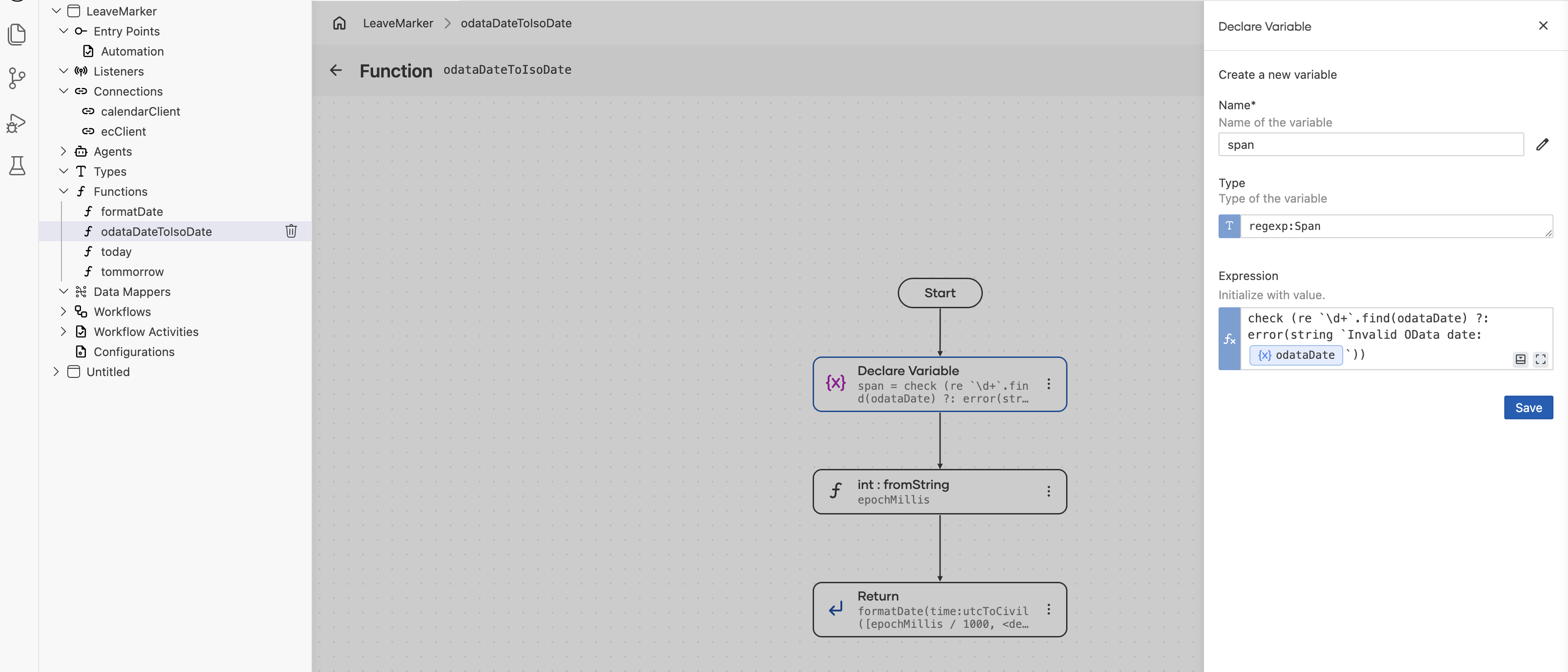 Function odataDateToIsoDate with a Declare Variable creating span using a regexp find, followed by an int:fromString call and a Return node