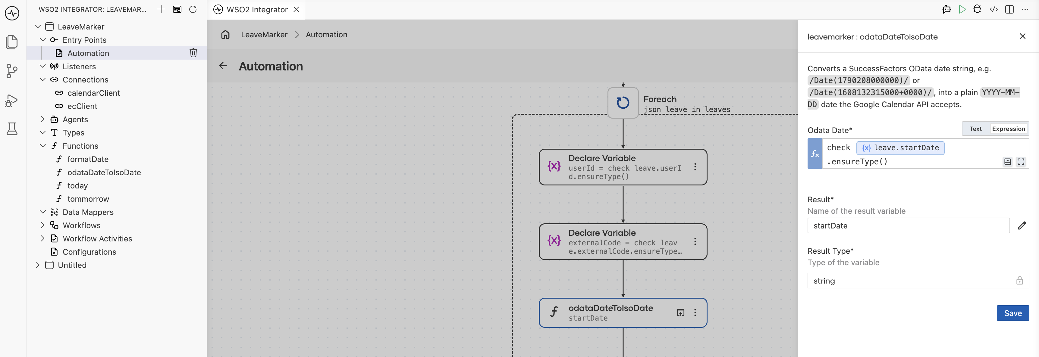 Foreach body with Declare Variable nodes for userId and externalCode, followed by two odataDateToIsoDate calls, with a tooltip showing the function's own documentation