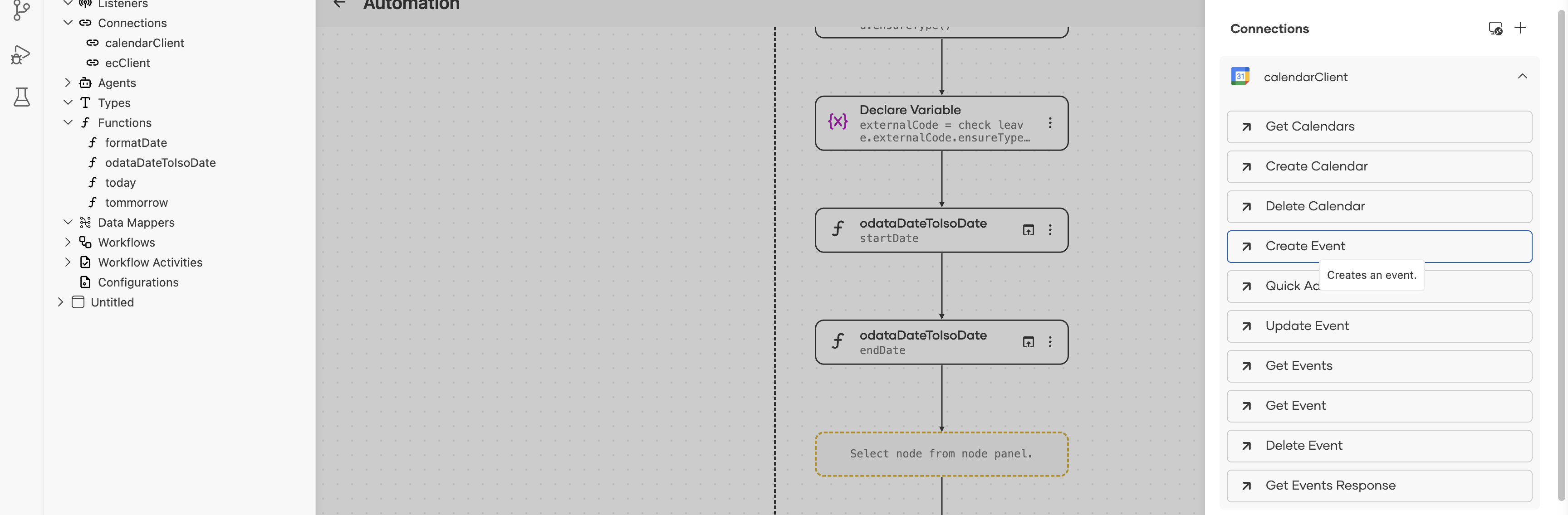 Node panel with the calendarClient connection expanded and Create Event selected, tooltip reading Creates an event