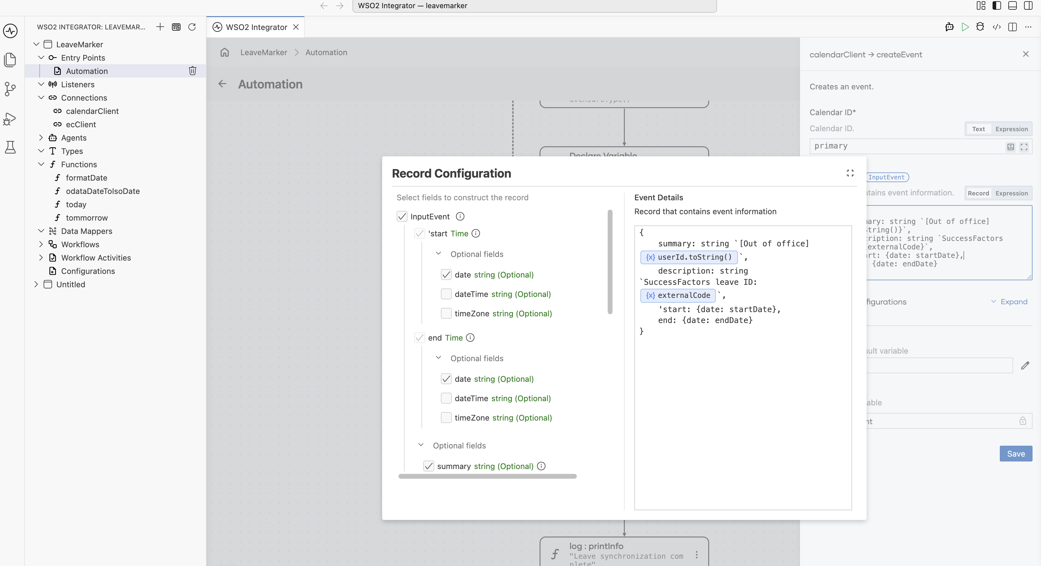 Create Event record configuration with summary, description, start, and end fields set on the InputEvent record