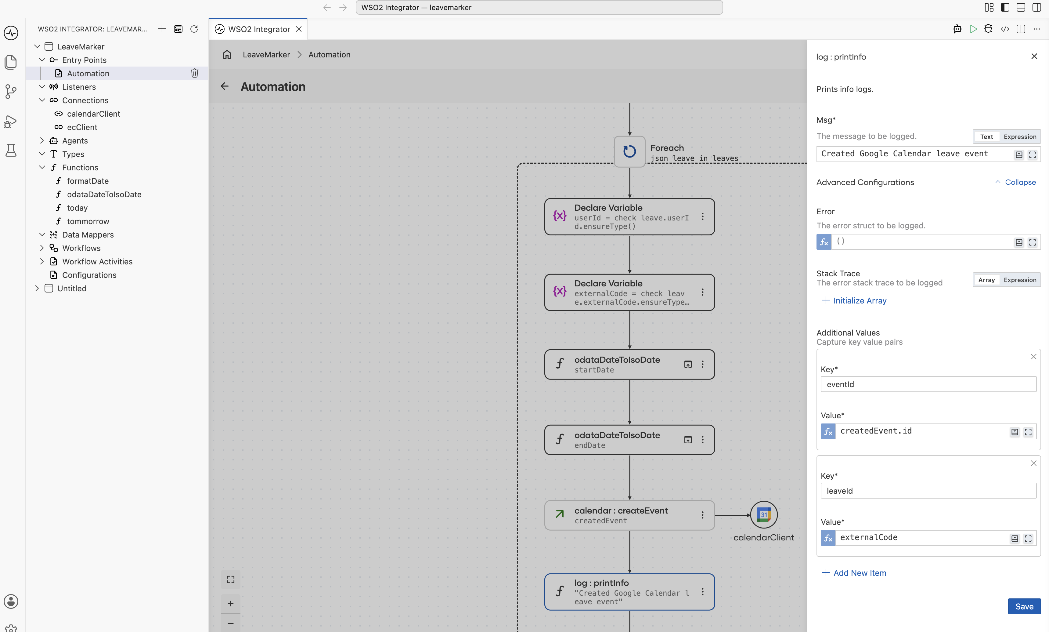 Log Info node with Msg set to Created Google Calendar leave event and Additional Values eventId and leaveId set