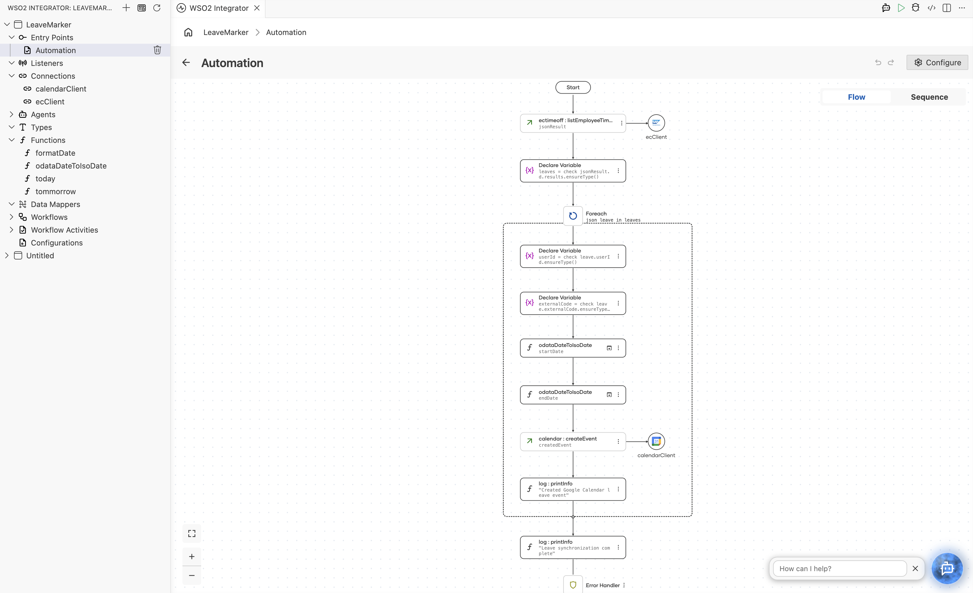 Complete automation flow: Start, List Employee Times, Declare leaves, Foreach with date conversion, Create Event, Log Info, then a final Log Info and Error Handler
