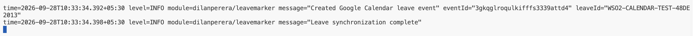 Terminal output showing Created Google Calendar leave event with an eventId and leaveId, followed by Leave synchronization complete