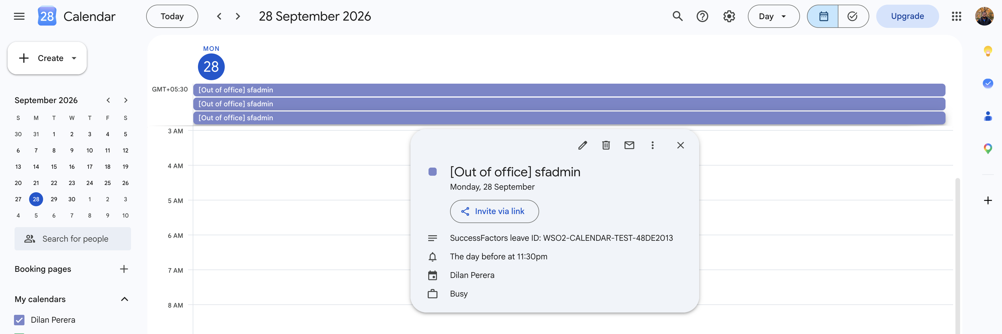 Google Calendar day view showing an Out of office event for sfadmin with the description SuccessFactors leave ID WSO2-CALENDAR-TEST-48DE2013