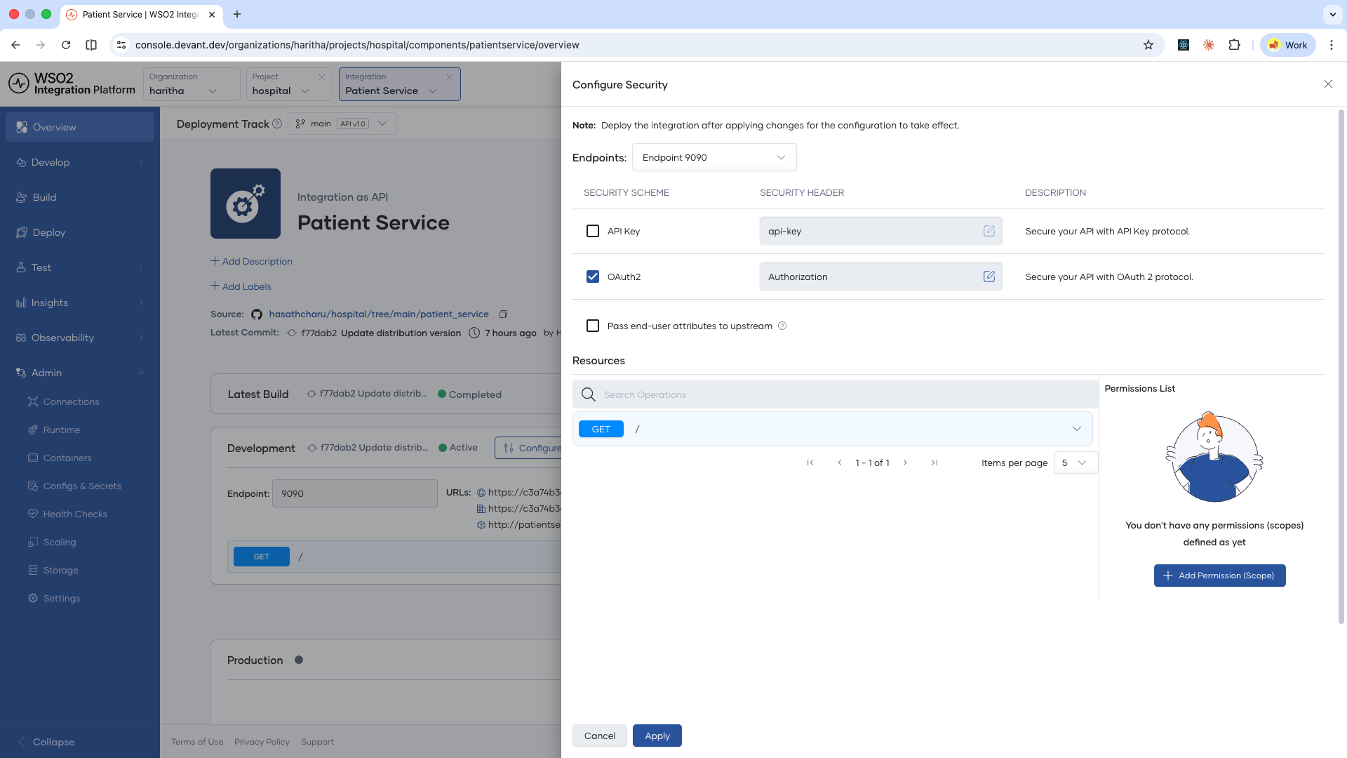 Configure Security panel