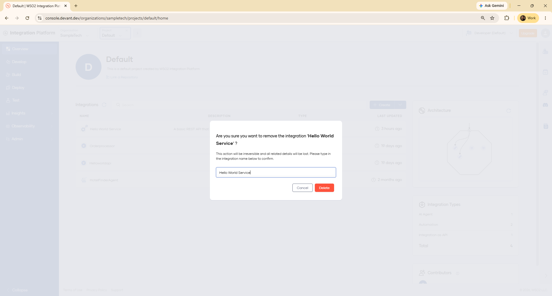 Confirmation dialog for removing an integration