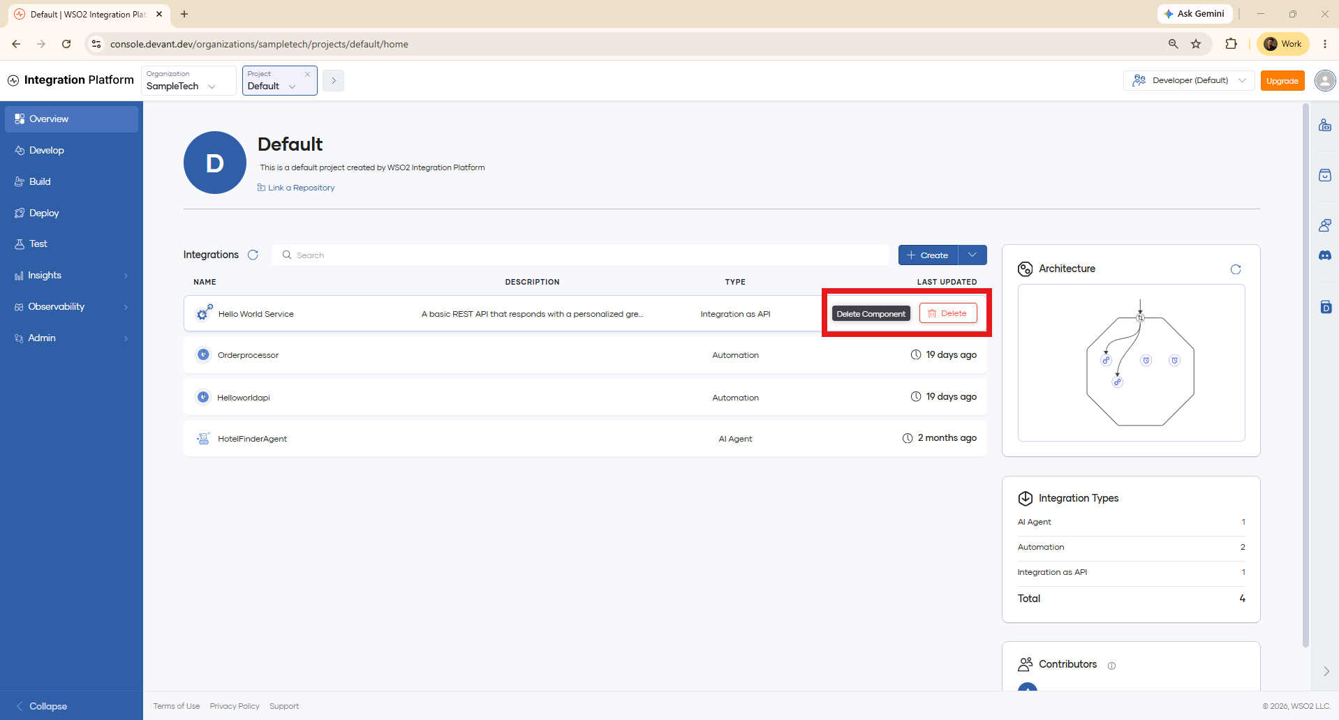 Delete button shown when hovering over an integration in the project overview