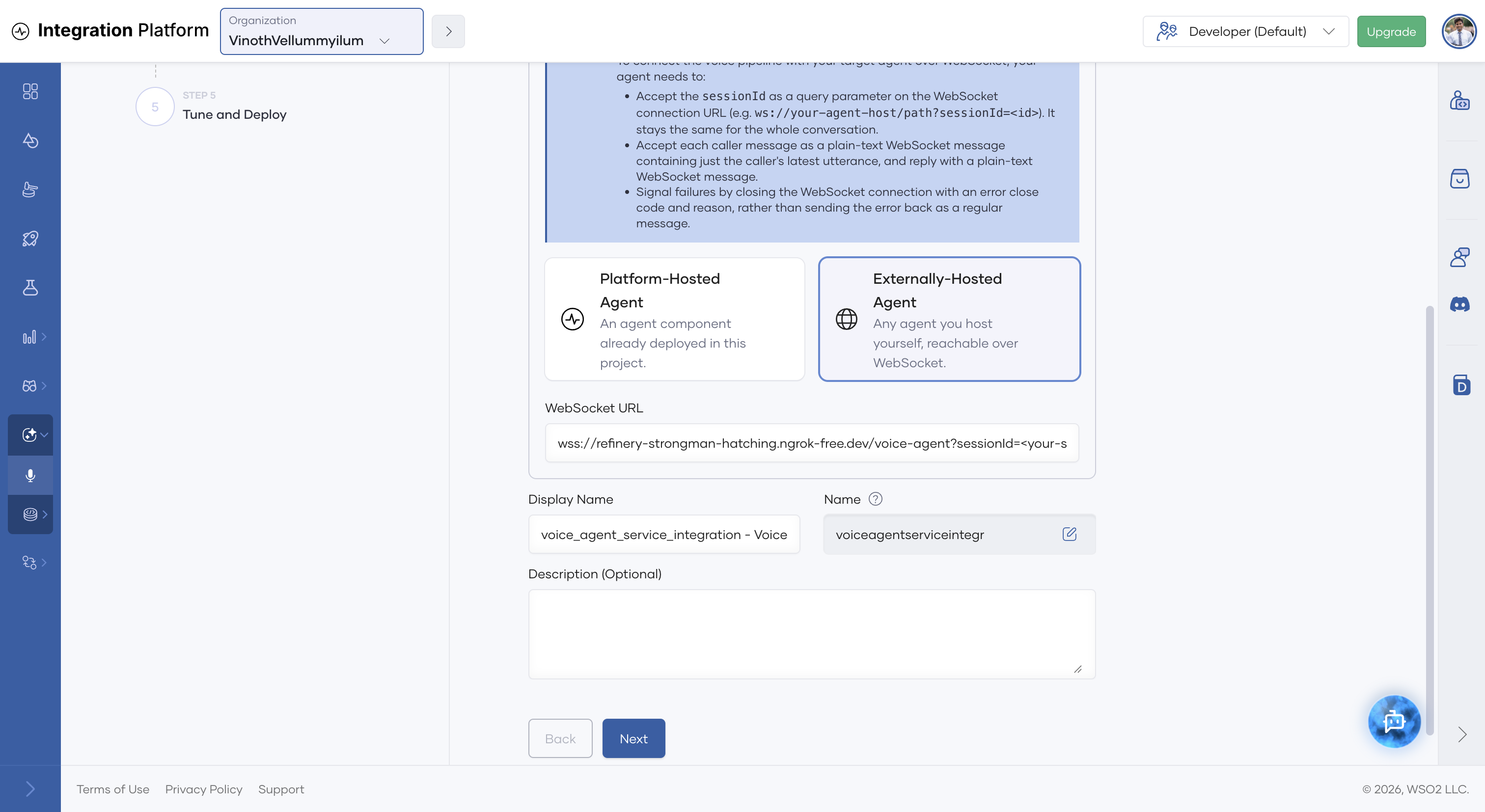 Externally-Hosted Agent with the WebSocket URL field