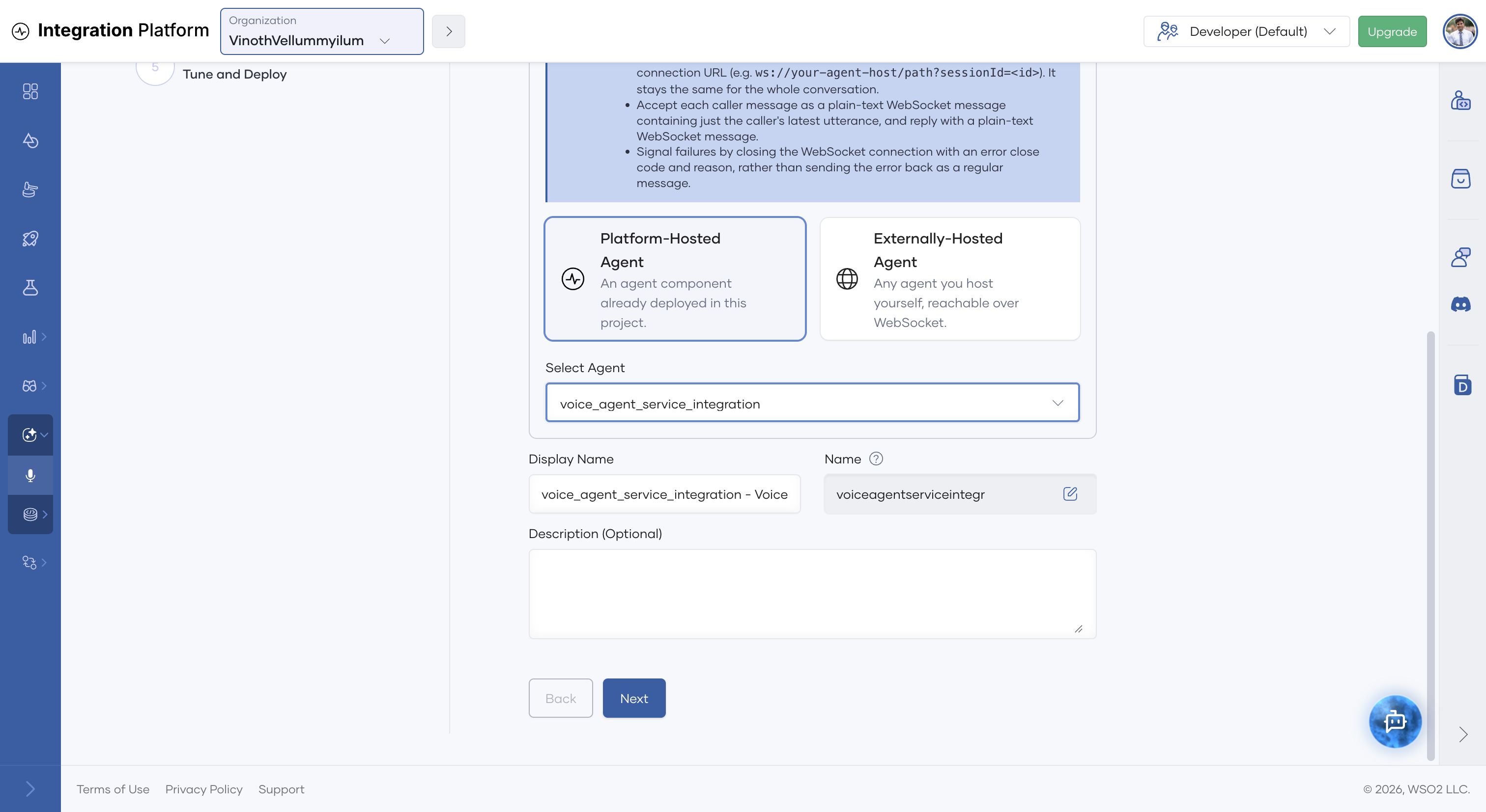 Platform-Hosted Agent with an existing agent selected