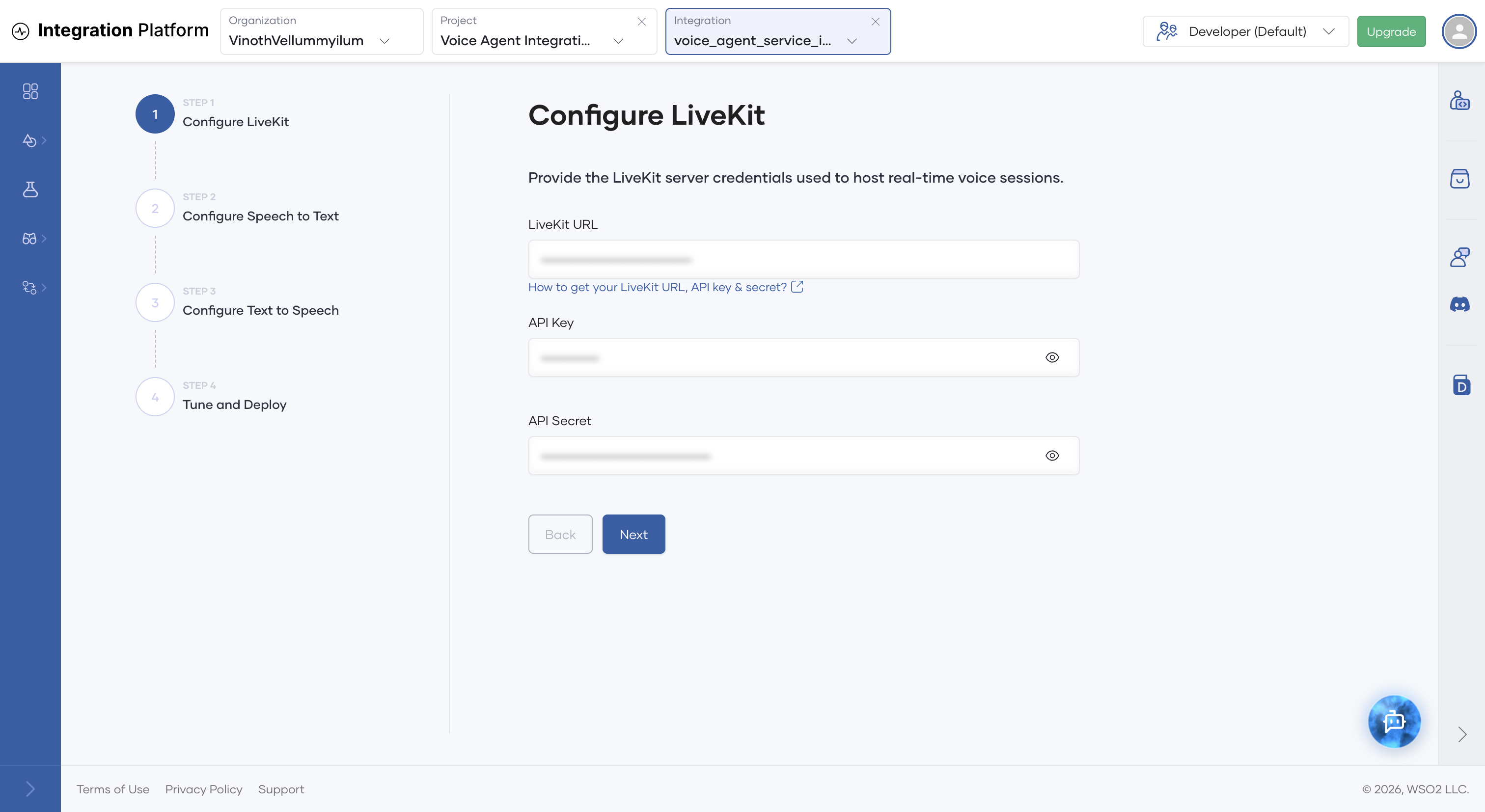 Four-step wizard opened from the AI agent, starting at Configure LiveKit