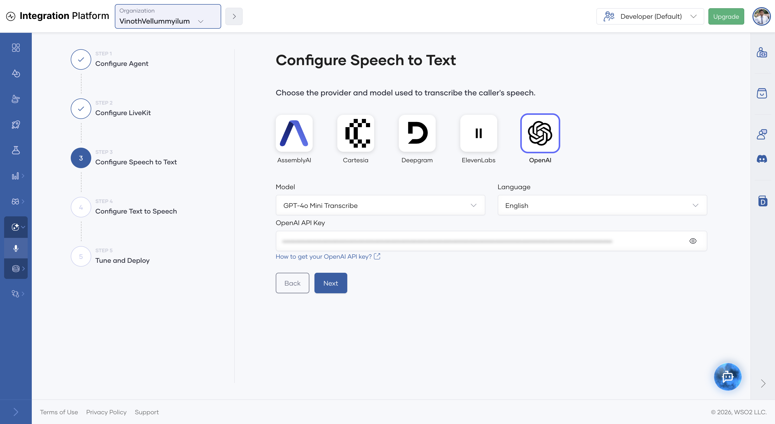 Configure Speech to Text step with OpenAI selected