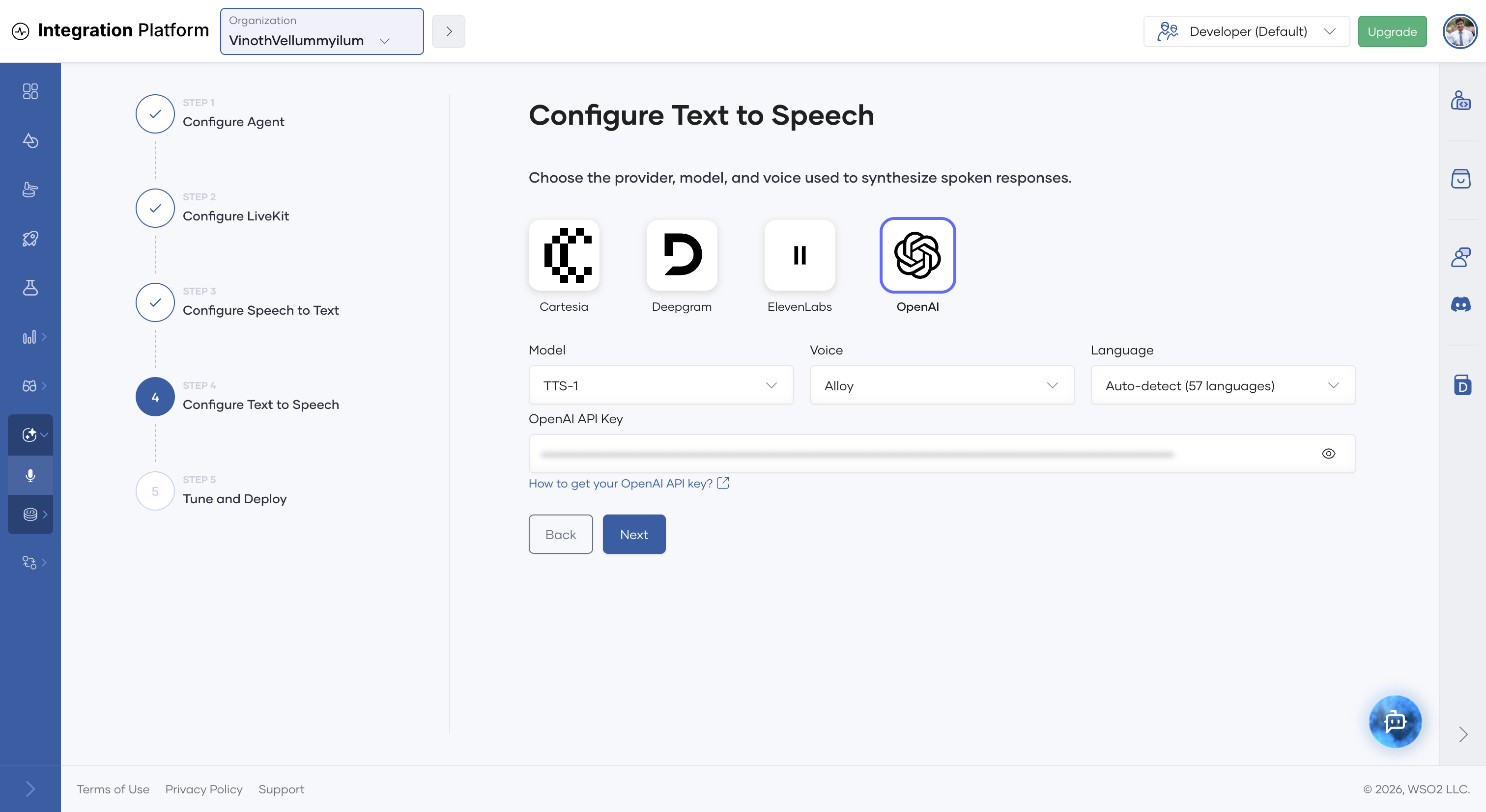 Configure Text to Speech step with OpenAI TTS-1 and the Alloy voice