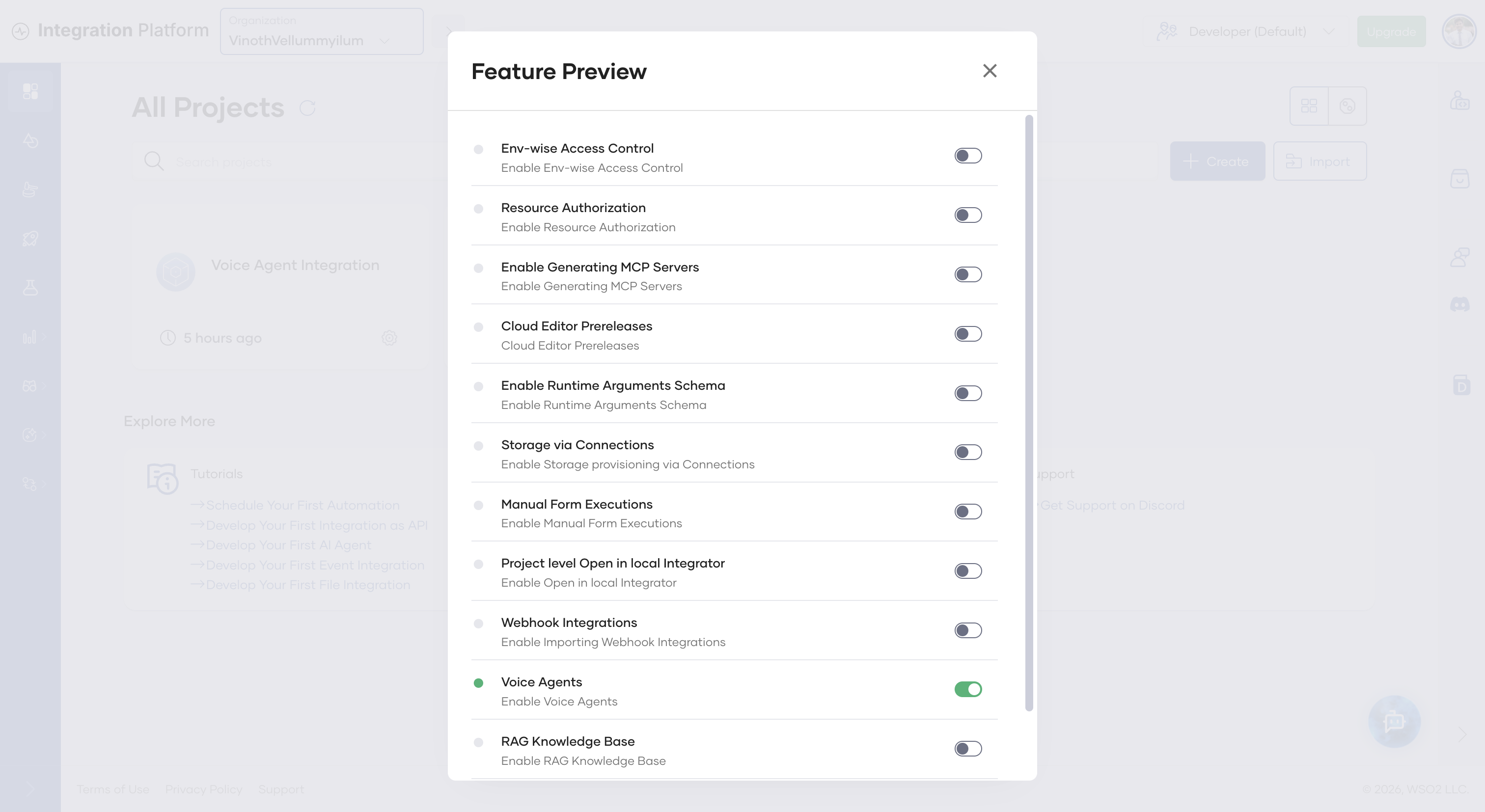 Feature Preview dialog with Voice Agents turned on