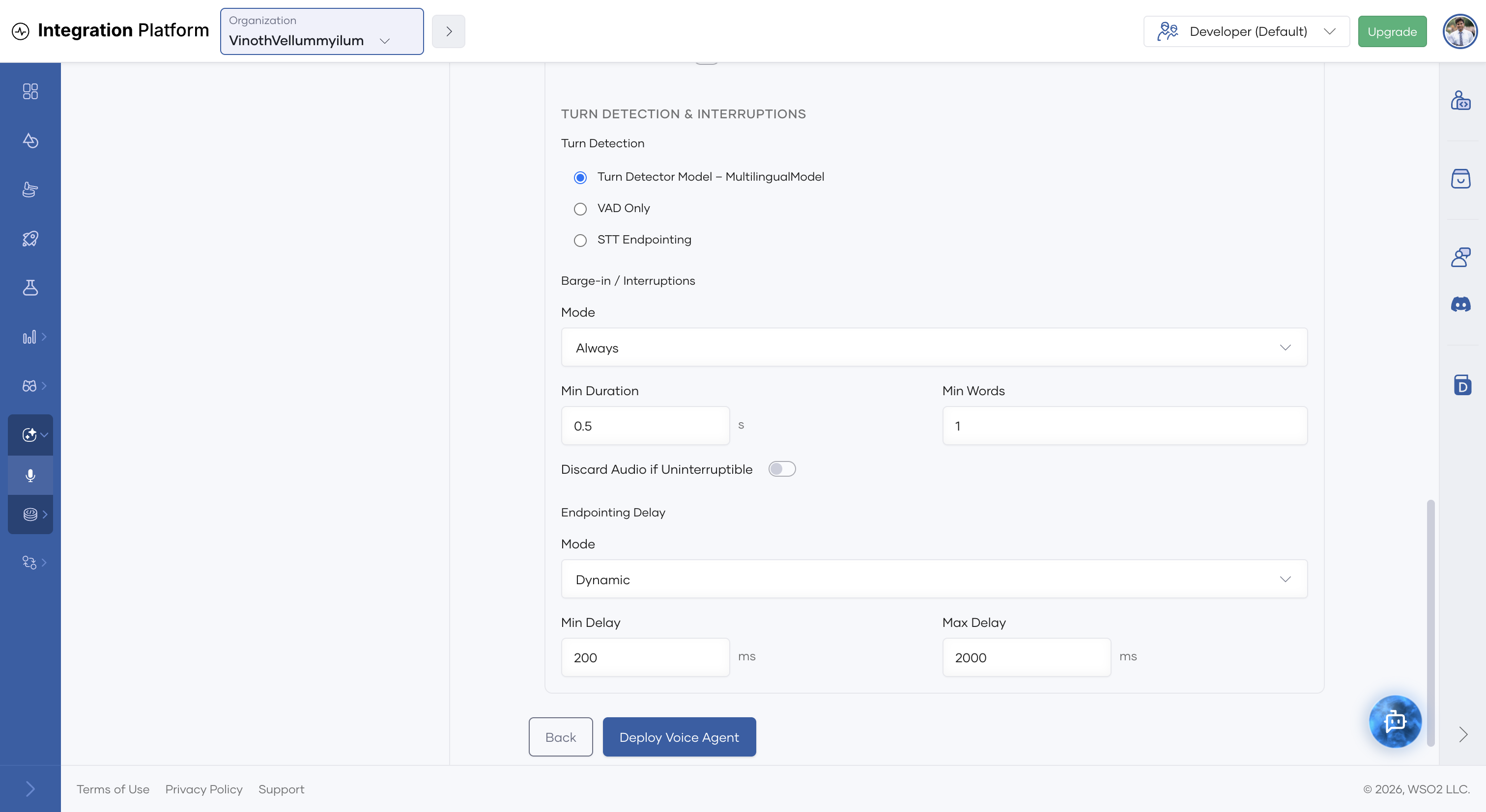 Advanced Settings and the Deploy Voice Agent button
