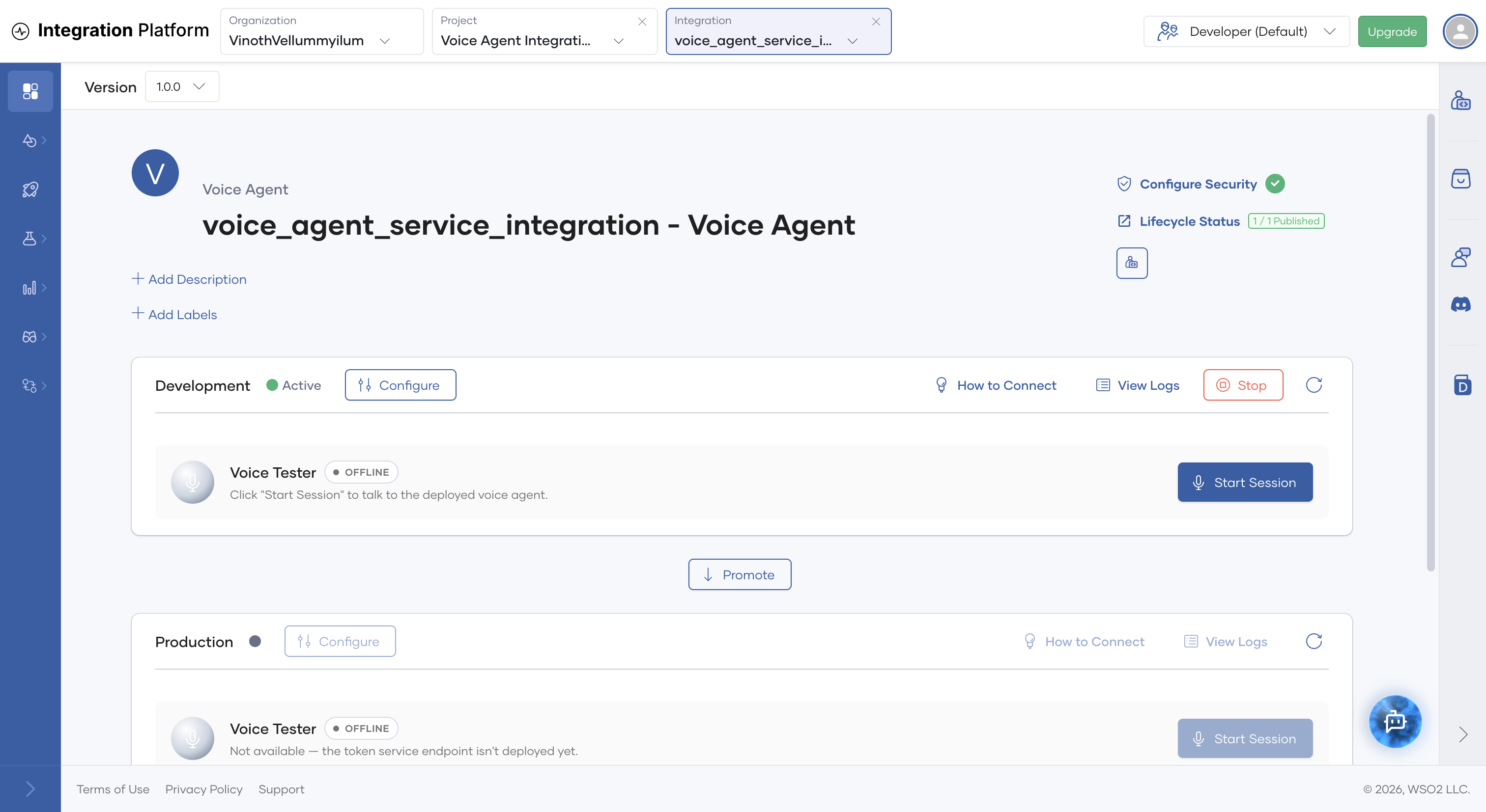 Voice agent overview with the Development environment Active and the Voice Tester