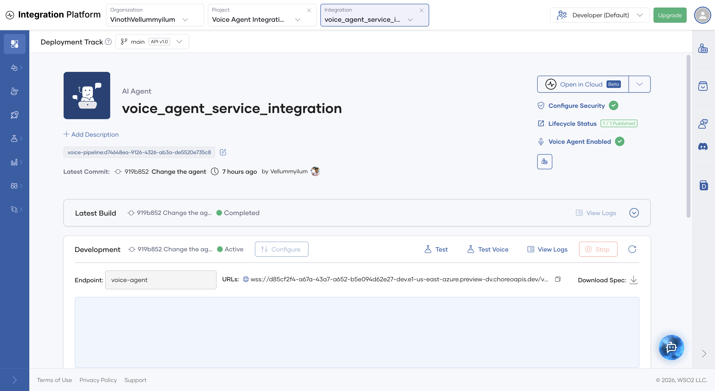 AI agent overview page showing Voice Agent Enabled