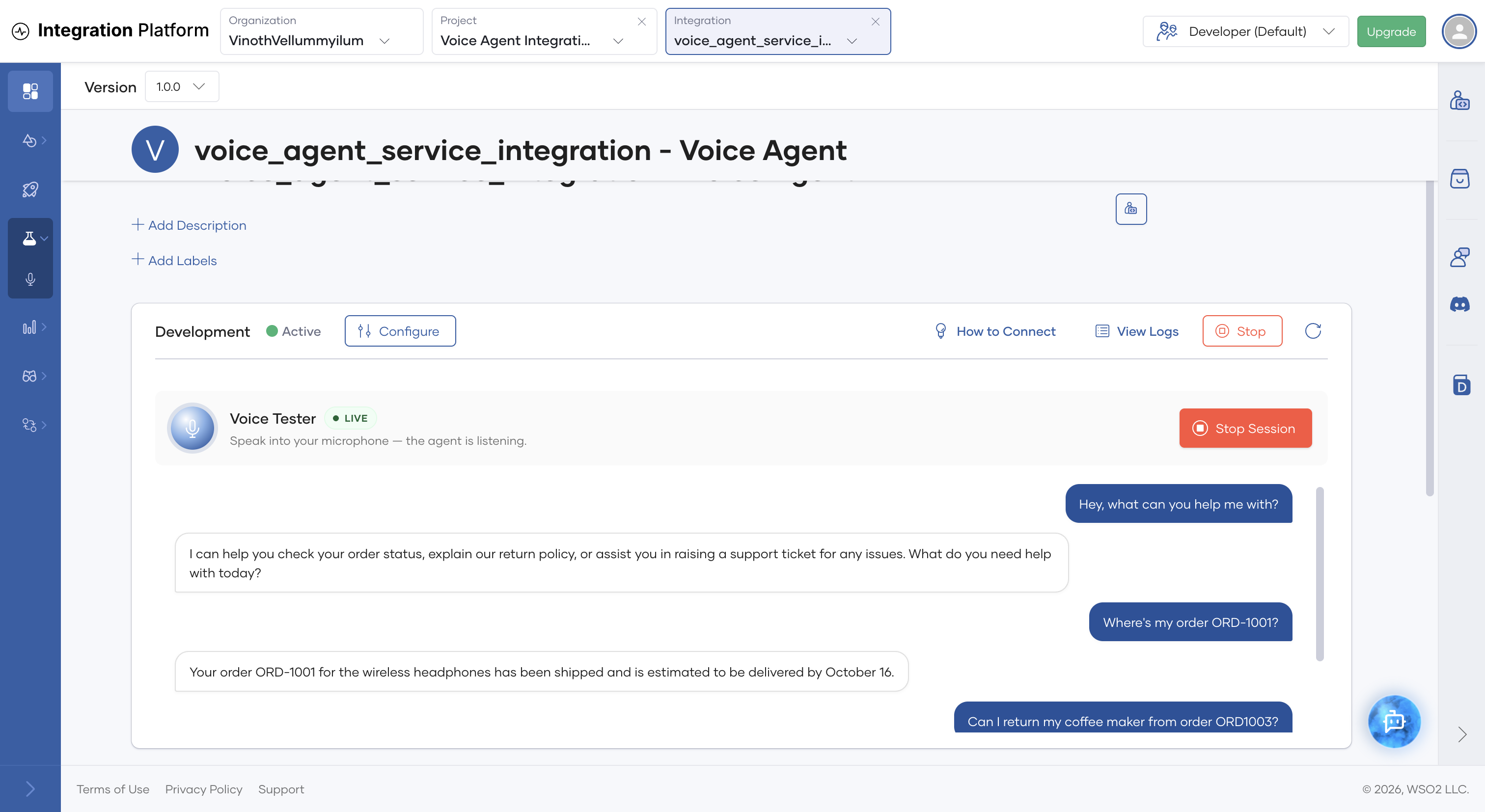 Voice Agent Tester with a live session