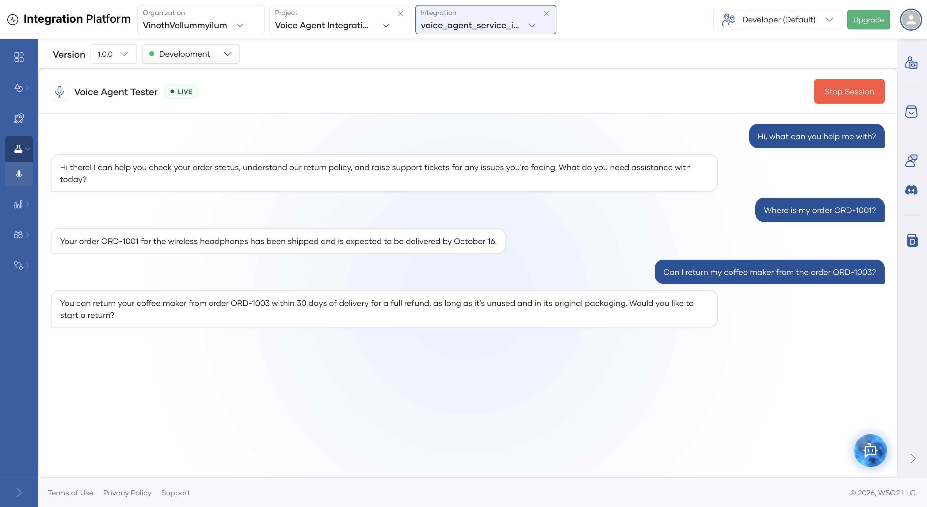 Voice Agent Tester showing the conversation transcript